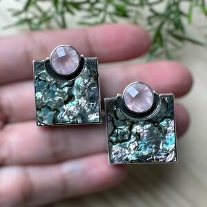 VTG Kim Cevora Clip Earrings 1 Inch Abalone Shell Rose Quartz 925 Sterling 17.5g